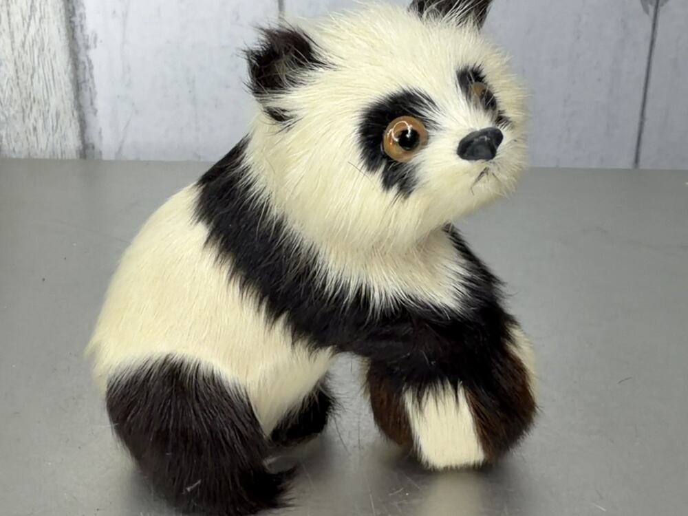 Vintage Artisan Real Fur Panda Bear Figurine Decor Mini With Ball